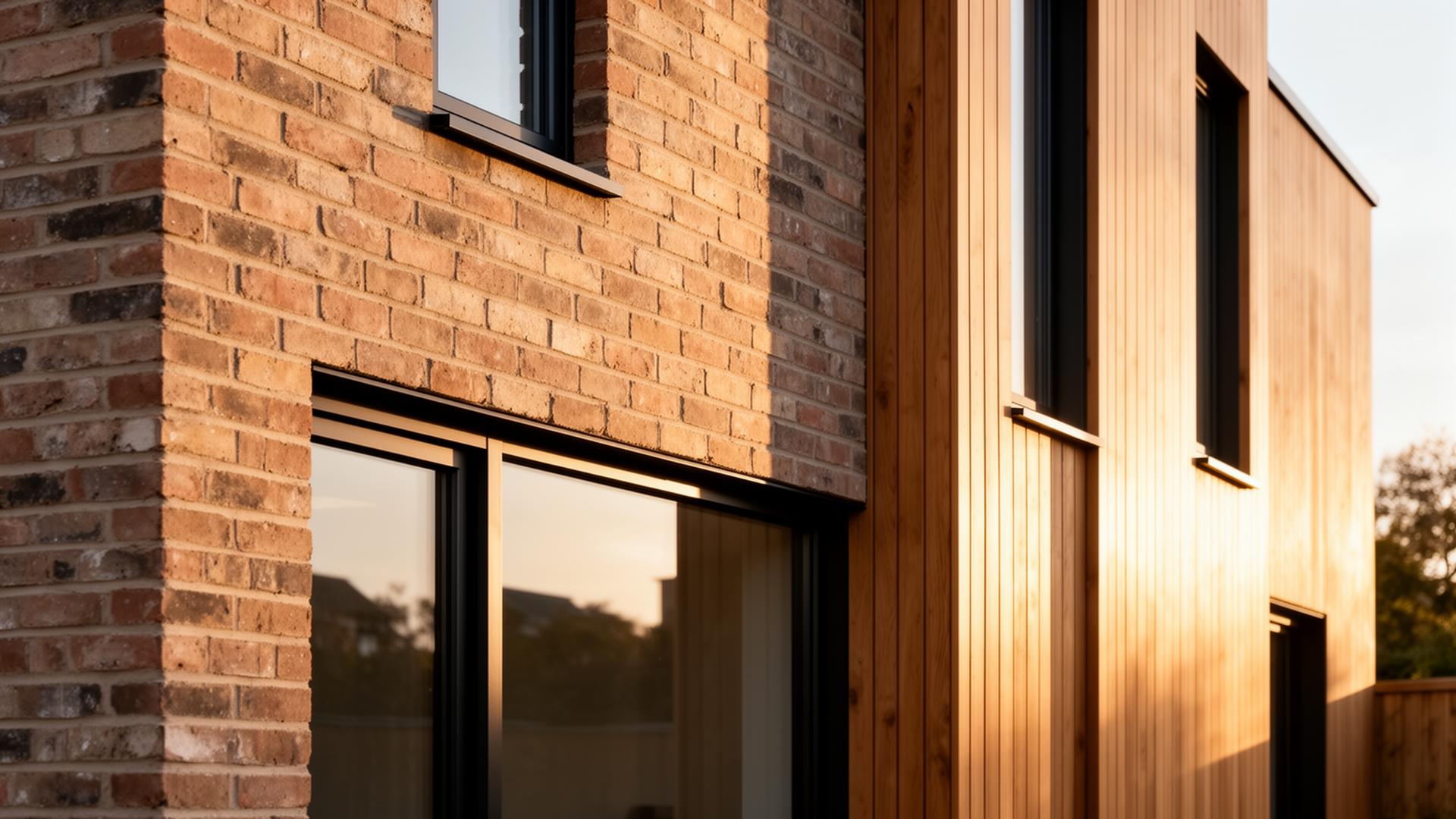 New build facade detail in warm evening light