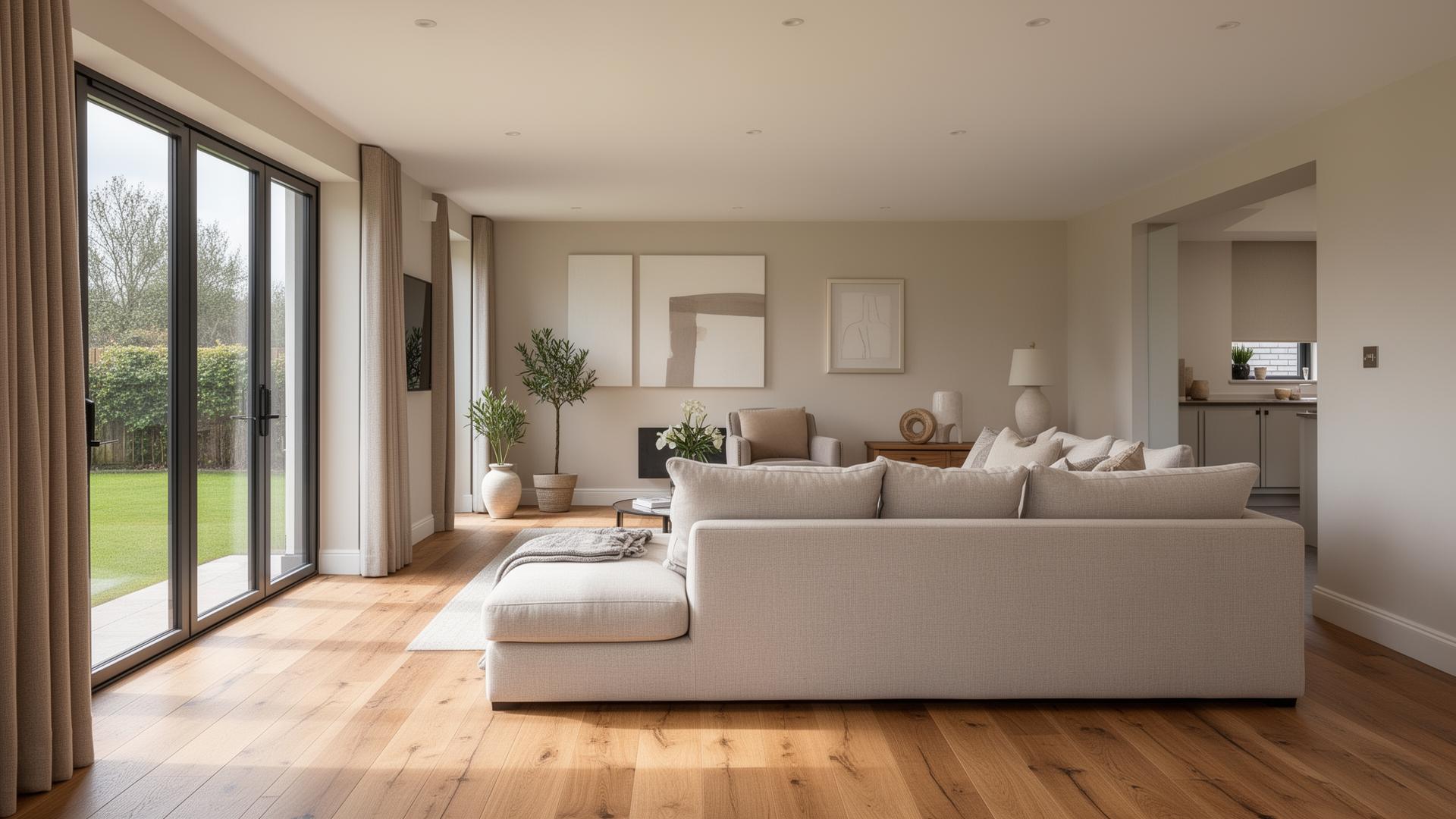 Show home interior with natural light and oak flooring