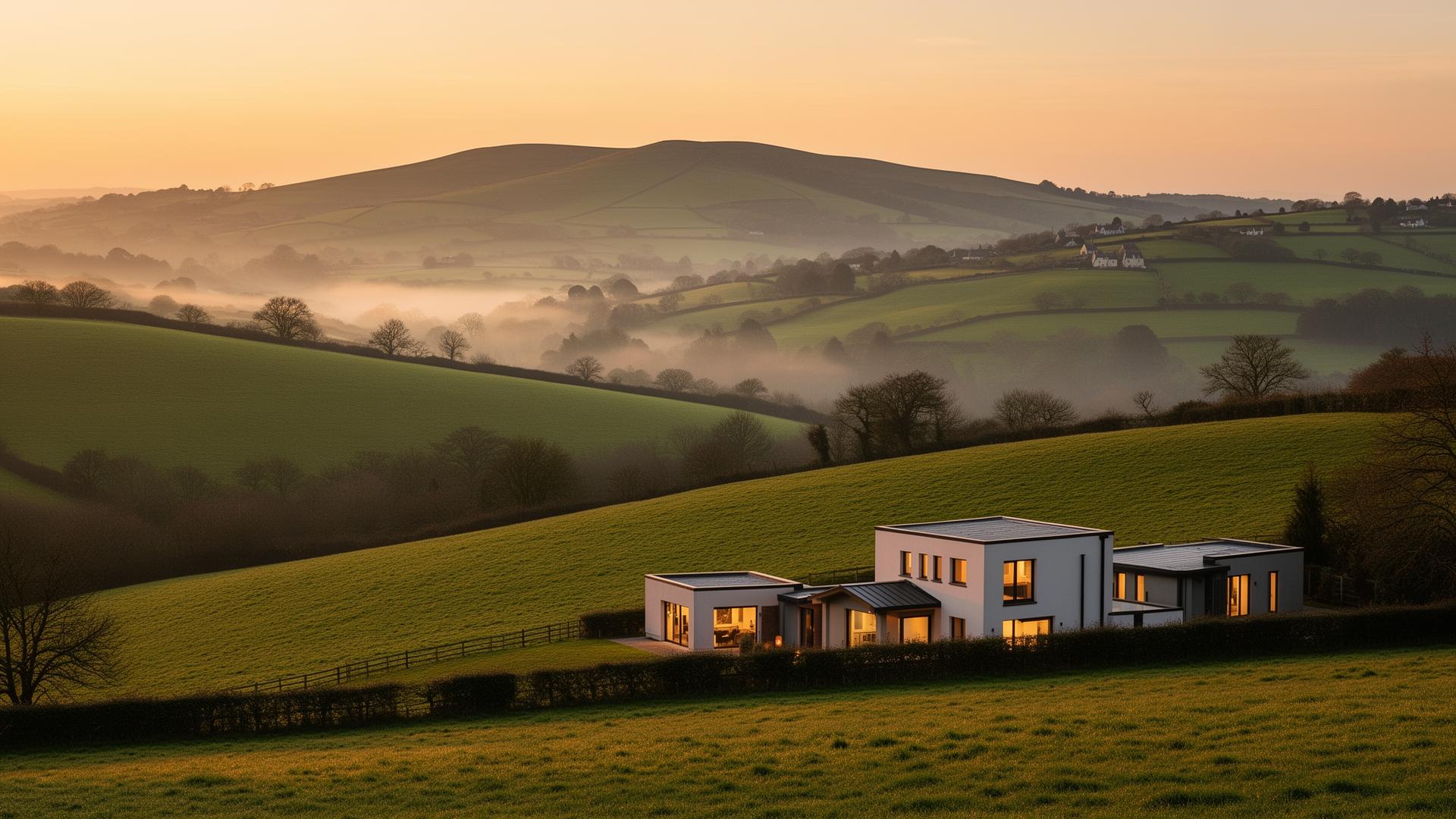The Somerset countryside at golden hour with a contemporary new build